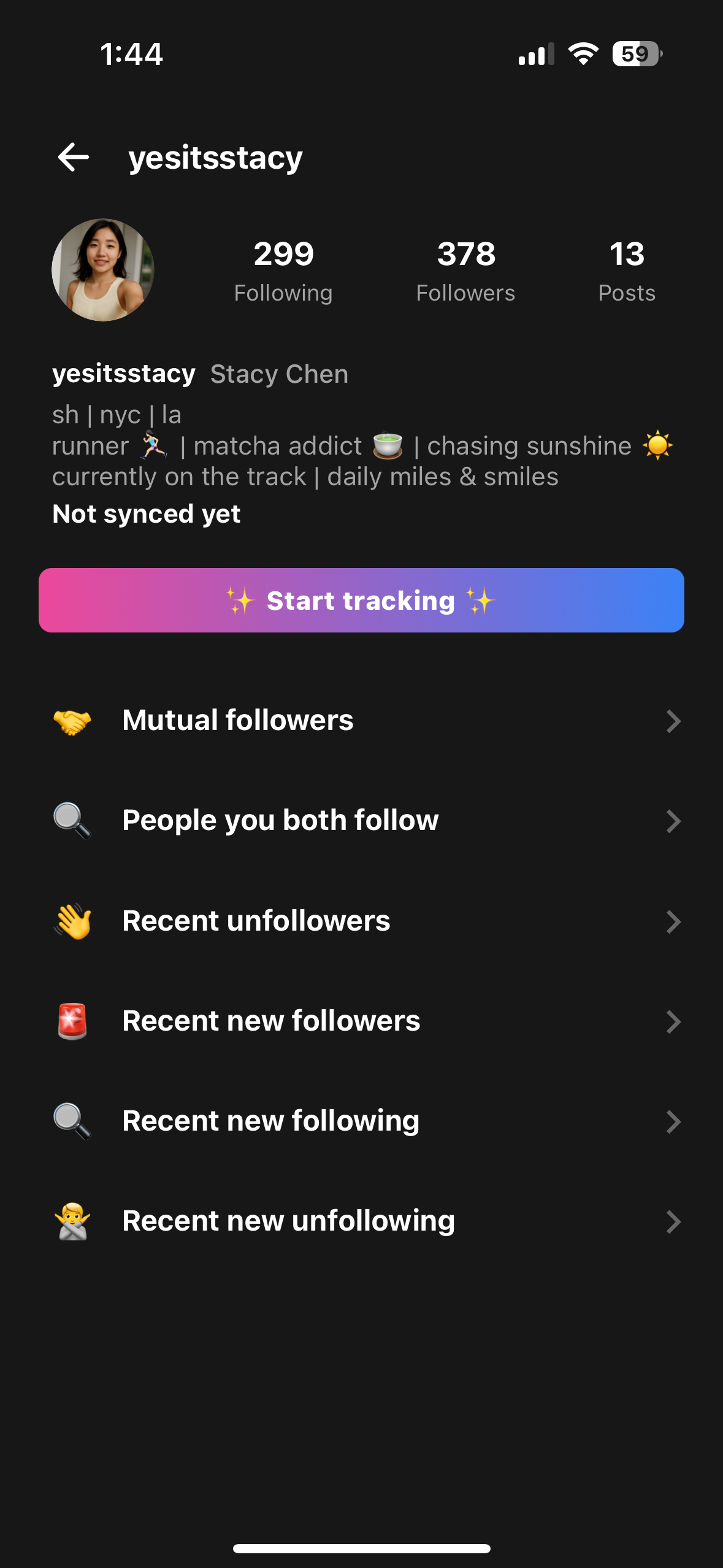 Whomst app screenshot showing Instagram profile tracking interface